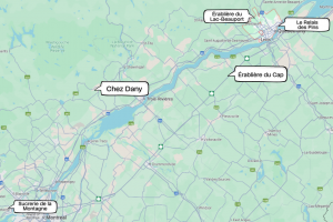 Carte du sud du Québec indiquant l’emplacement de cabanes à sucre populaires comme Sucrerie de la Montagne, Chez Dany, Érablière du Cap, Érablière du Lac-Beauport et Le Relais des Pins.